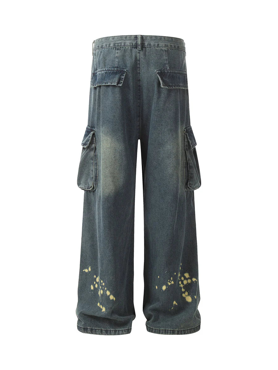 Spray-painted Reverse Pleated Cargo Jeans - 2293