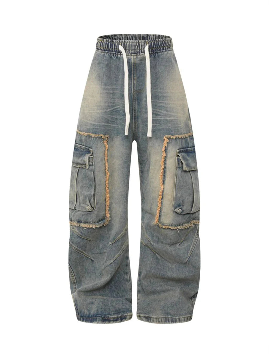 Distressed Raw Edge Cargo Drawstring Barrel Jeans