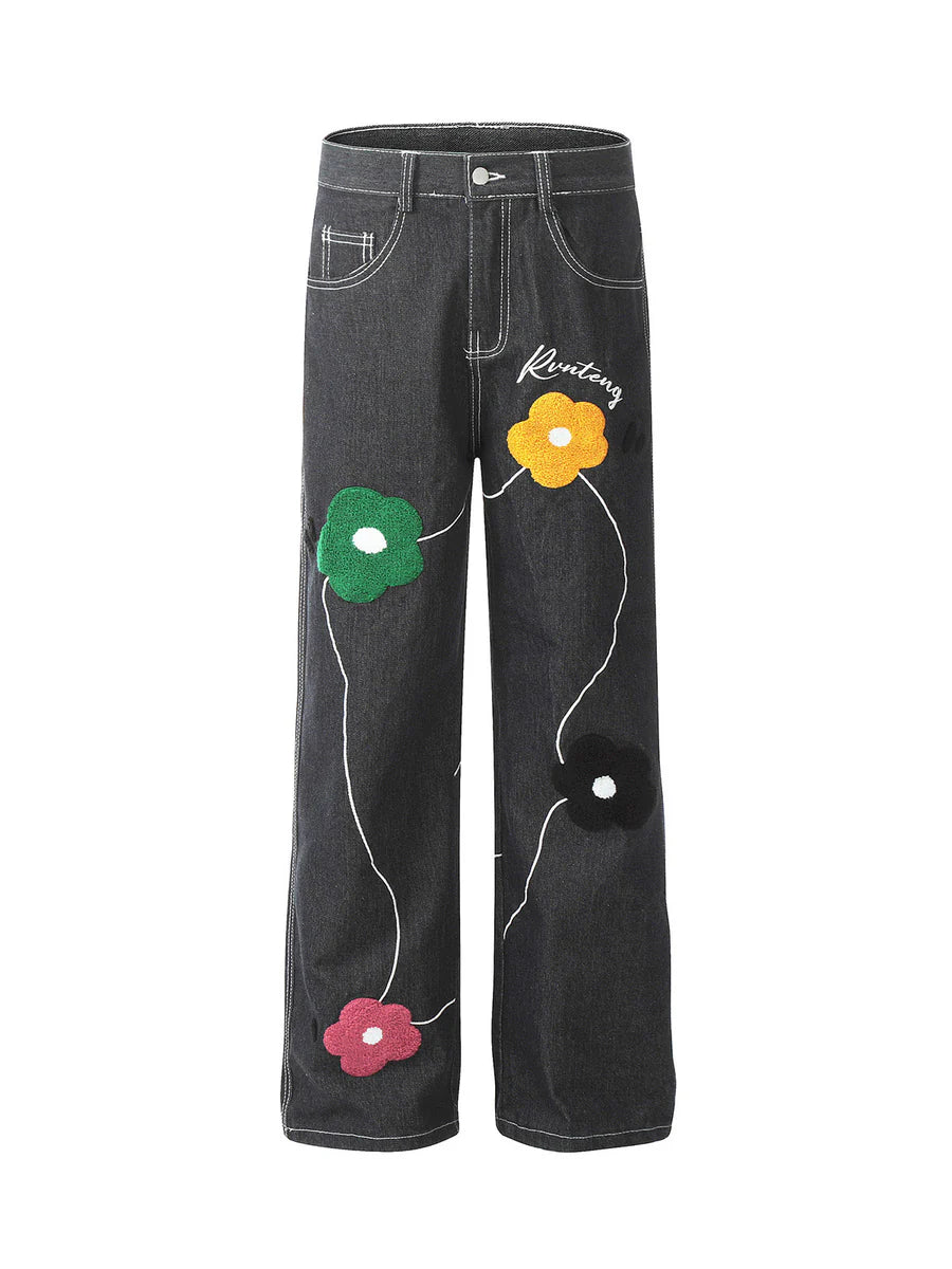 Vintage Floral Embroidery Washed Straight Leg Jeans - 2252