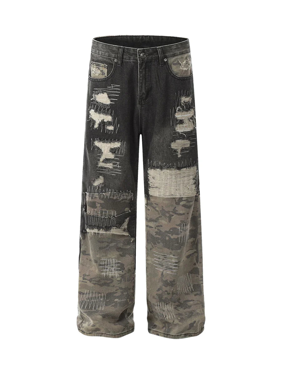 Ripped Camouflage Patchwork Baggy Jeans