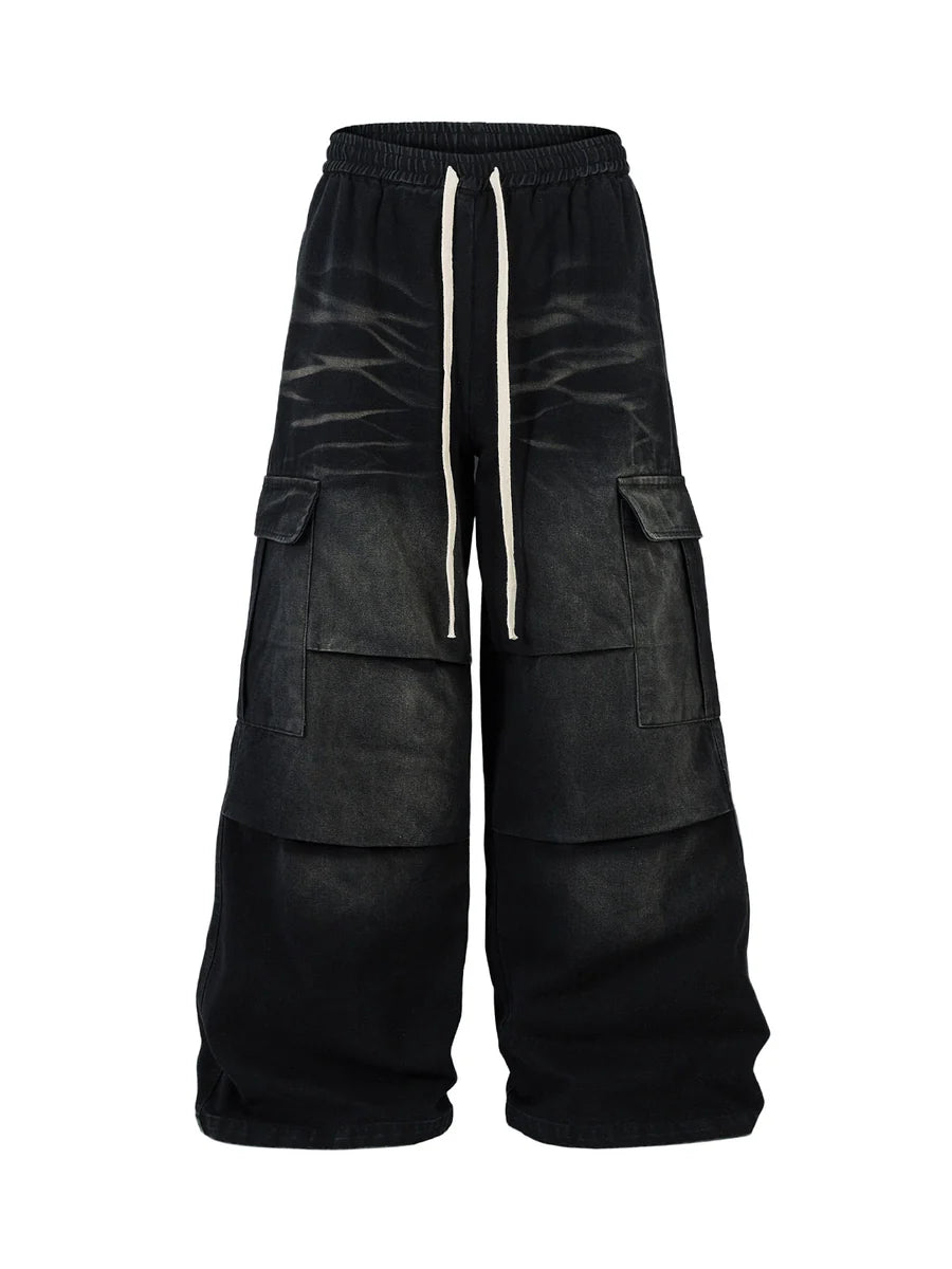 Washed Multi Pocket Drawstring Cargo Jeans