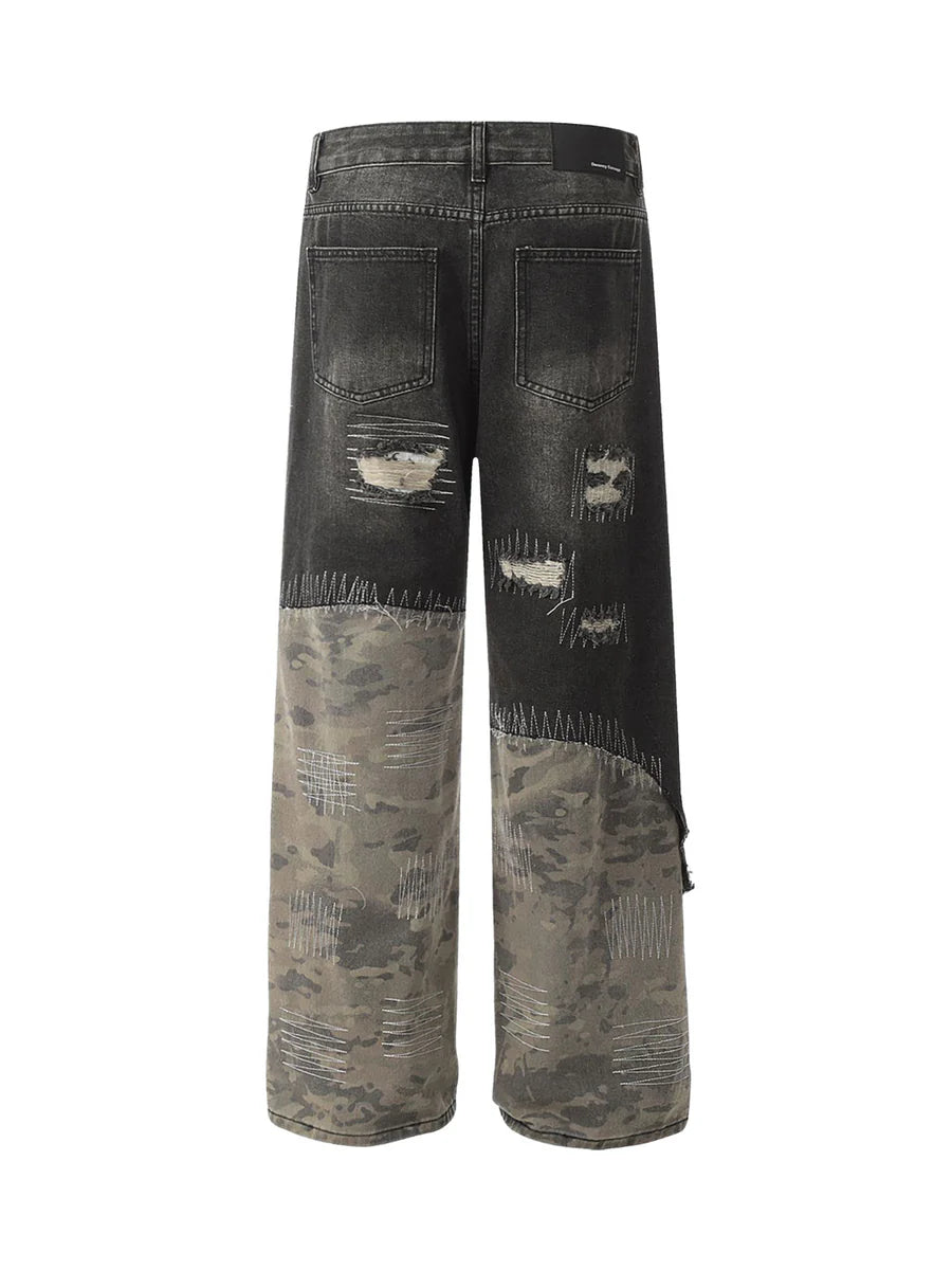 Ripped Camouflage Patchwork Baggy Jeans