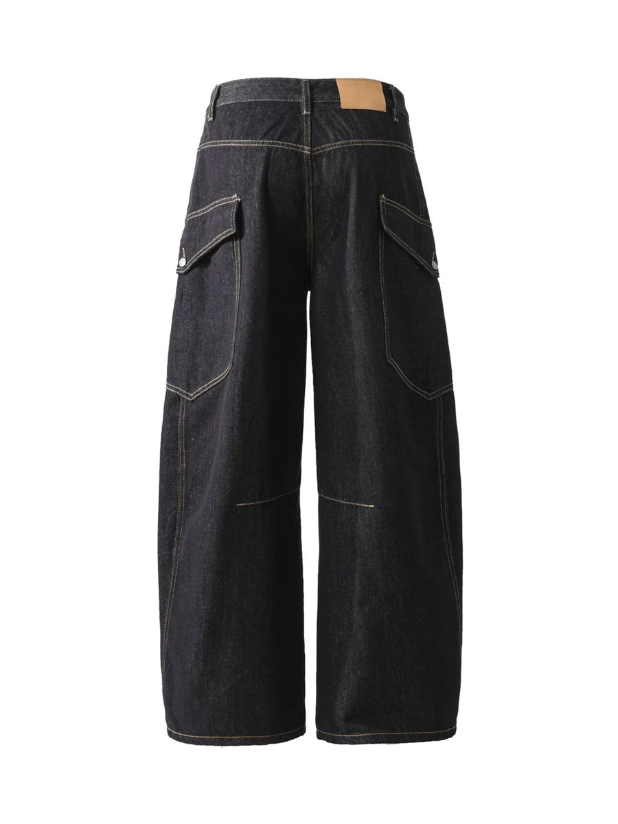 Multi-Pocket Deconstructed Washed Barrel Cargo Jeans