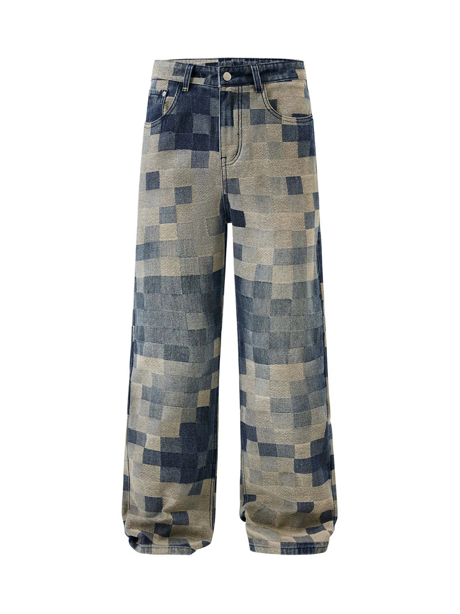 Checkerboard Jacquard Wide Leg Jeans - 2193