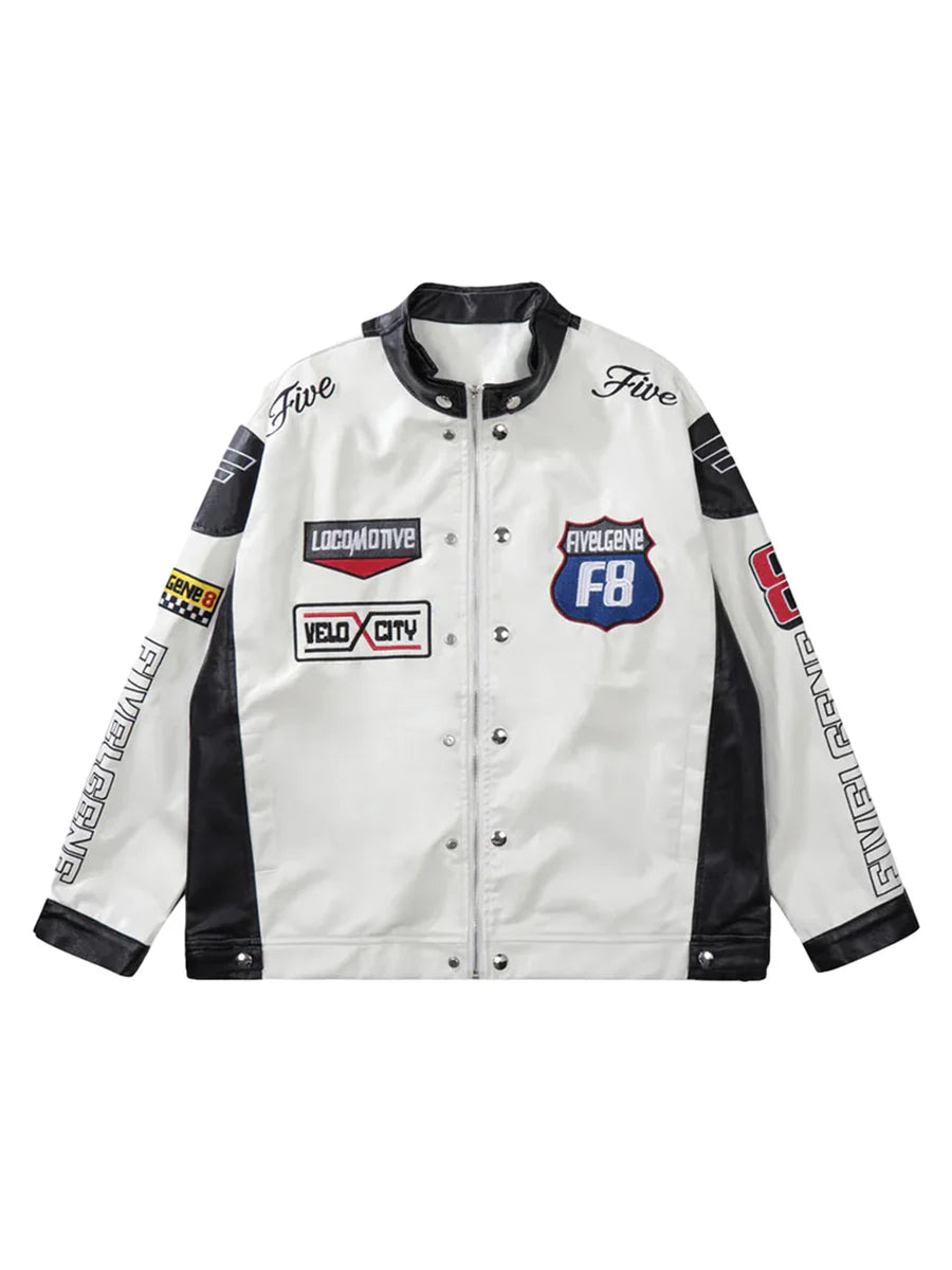 Motorcycle Colorblock PU Leather Varsity Jacket